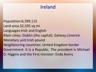Ireland
Population:6,399,115
Land area:32,595 sq mi
Languages:Irish and English
Main cities: Dublin (the capital), Galway,Limerick
Monetary unit:Irish pound
Neighbouring countries: United Kingdom border
Government: it is a Republic. The president is Michael
D. Higgins and the First minister: Enda Kenry

 