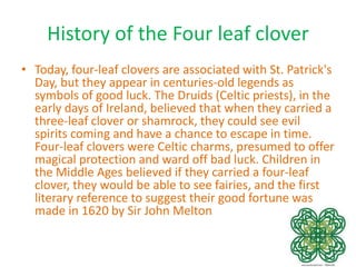 History of the Four leaf clover
• Today, four-leaf clovers are associated with St. Patrick's
Day, but they appear in centuries-old legends as
symbols of good luck. The Druids (Celtic priests), in the
early days of Ireland, believed that when they carried a
three-leaf clover or shamrock, they could see evil
spirits coming and have a chance to escape in time.
Four-leaf clovers were Celtic charms, presumed to offer
magical protection and ward off bad luck. Children in
the Middle Ages believed if they carried a four-leaf
clover, they would be able to see fairies, and the first
literary reference to suggest their good fortune was
made in 1620 by Sir John Melton
 