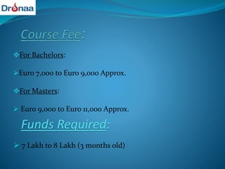 For Bachelors:
Euro 7,000 to Euro 9,000 Approx.
For Masters:
 Euro 9,000 to Euro 11,000 Approx.
Funds Required:
 7 Lakh to 8 Lakh (3 months old)
 