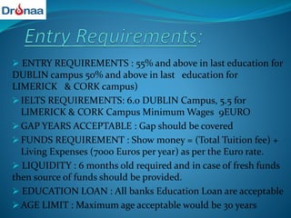  ENTRY REQUIREMENTS : 55% and above in last education for
DUBLIN campus 50% and above in last education for
LIMERICK & CORK campus)
 IELTS REQUIREMENTS: 6.0 DUBLIN Campus, 5.5 for
LIMERICK & CORK Campus Minimum Wages 9EURO
 GAP YEARS ACCEPTABLE : Gap should be covered
 FUNDS REQUIREMENT : Show money = (Total Tuition fee) +
Living Expenses (7000 Euros per year) as per the Euro rate.
 LIQUIDITY : 6 months old required and in case of fresh funds
then source of funds should be provided.
 EDUCATION LOAN : All banks Education Loan are acceptable
 AGE LIMIT : Maximum age acceptable would be 30 years
 