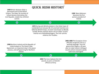 Quick Irish History
1949 Britain declares Ulster a
permanent part of the British
Empire. The lower 26 counties of
Ireland declare themselves the
Irish Republic, totally free of British
control.
1972 During anti-British protests in the Ulster town of
Londonderry on January 30, 13 unarmed marchers are
killed by British troops, an event now known as Bloody
Sunday. Britain imposes direct rule on Ulster. A more
intense era of bloodshed begins. The Irish call this
violence the Troubles.
1990 Mary Robinson
becomes the first
woman president of
Ireland.
1998 Northern Ireland and the Republic of
Ireland adopt on The Good Friday
Agreement, an important step in the peace
process, and self-governing for Northern
Ireland.
2002 The Euro replaces the Irish
pound, or punt, as Ireland's
official currency.
2005-2006 The European Union
officially recognizes Irish as a
working language. The Irish
government begins a 20-year
plan to make Ireland a bilingual
country where everyone speaks
both Irish and English.
 