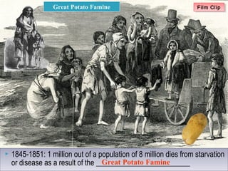  1845-1851: 1 million out of a population of 8 million dies from starvation
or disease as a result of the _________________________
 1845-1851: 1 million out of a population of 8 million dies from starvation
or disease as a result of the _________________________
Great Potato Famine
Great Potato Famine
Film ClipFilm Clip
 