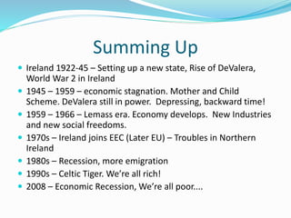 Summing Up
 Ireland 1922-45 – Setting up a new state, Rise of DeValera,
World War 2 in Ireland
 1945 – 1959 – economic stagnation. Mother and Child
Scheme. DeValera still in power. Depressing, backward time!
 1959 – 1966 – Lemass era. Economy develops. New Industries
and new social freedoms.
 1970s – Ireland joins EEC (Later EU) – Troubles in Northern
Ireland
 1980s – Recession, more emigration
 1990s – Celtic Tiger. We’re all rich!
 2008 – Economic Recession, We’re all poor....
 