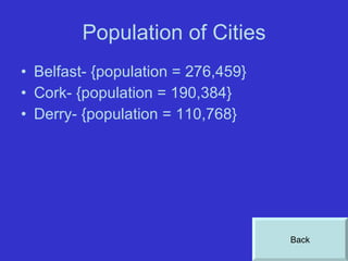 Population of Cities Belfast- {population = 276,459} Cork- {population = 190,384} Derry- {population = 110,768} Back 