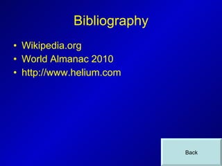 Bibliography Wikipedia.org World Almanac 2010 http://www.helium.com Back 