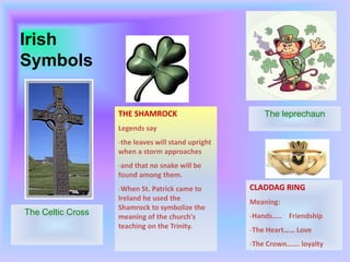 Irish SymbolsTheleprechaunTHE SHAMROCKLegendssaytheleaveswill stand uprightwhen a stormapproaches