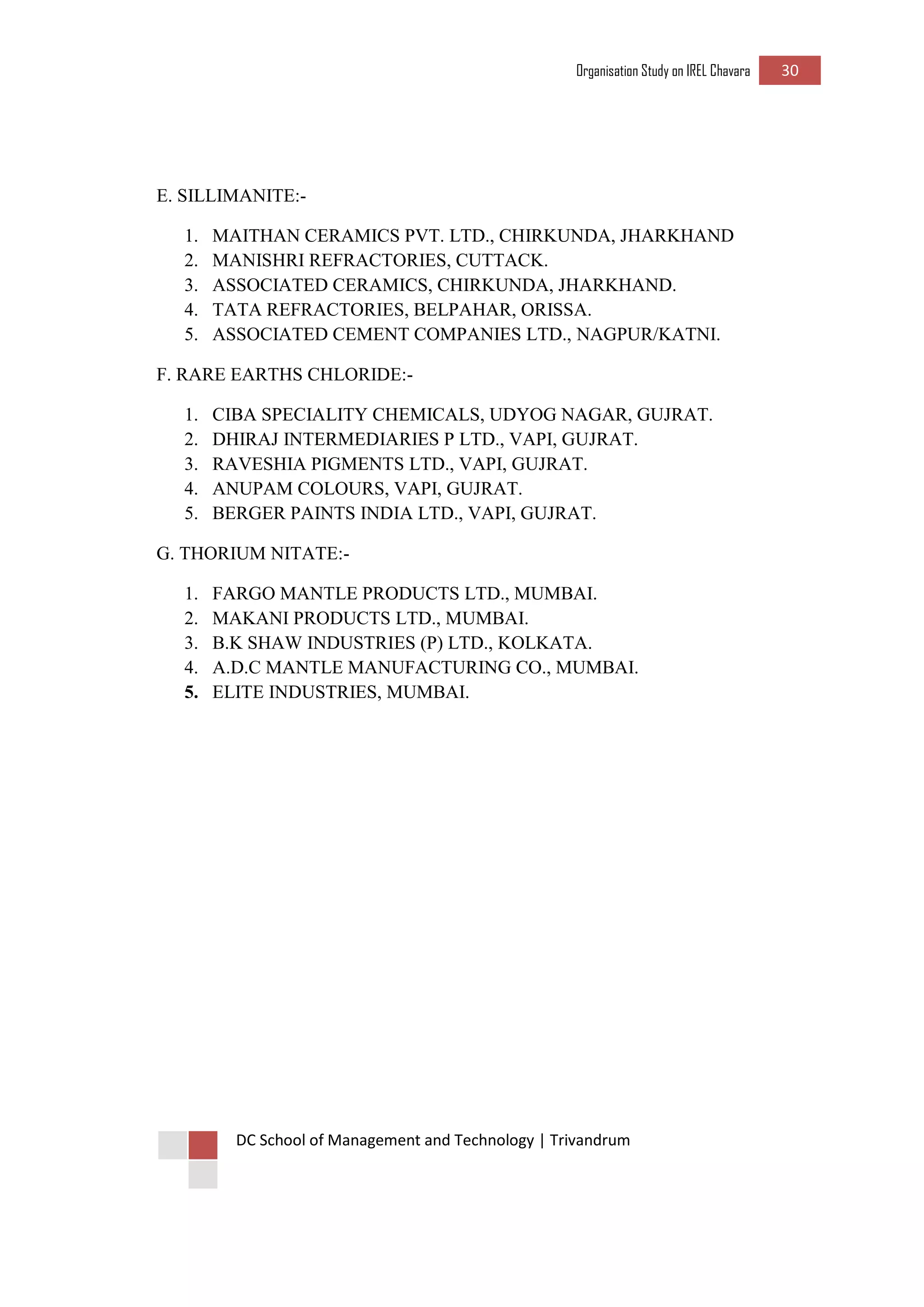 Organisation Study on IREL Chavara 30 
DC School of Management and Technology | Trivandrum 
E. SILLIMANITE:- 
1. MAITHAN CERAMICS PVT. LTD., CHIRKUNDA, JHARKHAND 
2. MANISHRI REFRACTORIES, CUTTACK. 
3. ASSOCIATED CERAMICS, CHIRKUNDA, JHARKHAND. 
4. TATA REFRACTORIES, BELPAHAR, ORISSA. 
5. ASSOCIATED CEMENT COMPANIES LTD., NAGPUR/KATNI. 
F. RARE EARTHS CHLORIDE:- 
1. CIBA SPECIALITY CHEMICALS, UDYOG NAGAR, GUJRAT. 
2. DHIRAJ INTERMEDIARIES P LTD., VAPI, GUJRAT. 
3. RAVESHIA PIGMENTS LTD., VAPI, GUJRAT. 
4. ANUPAM COLOURS, VAPI, GUJRAT. 
5. BERGER PAINTS INDIA LTD., VAPI, GUJRAT. 
G. THORIUM NITATE:- 
1. FARGO MANTLE PRODUCTS LTD., MUMBAI. 
2. MAKANI PRODUCTS LTD., MUMBAI. 
3. B.K SHAW INDUSTRIES (P) LTD., KOLKATA. 
4. A.D.C MANTLE MANUFACTURING CO., MUMBAI. 
5. ELITE INDUSTRIES, MUMBAI. 
 
