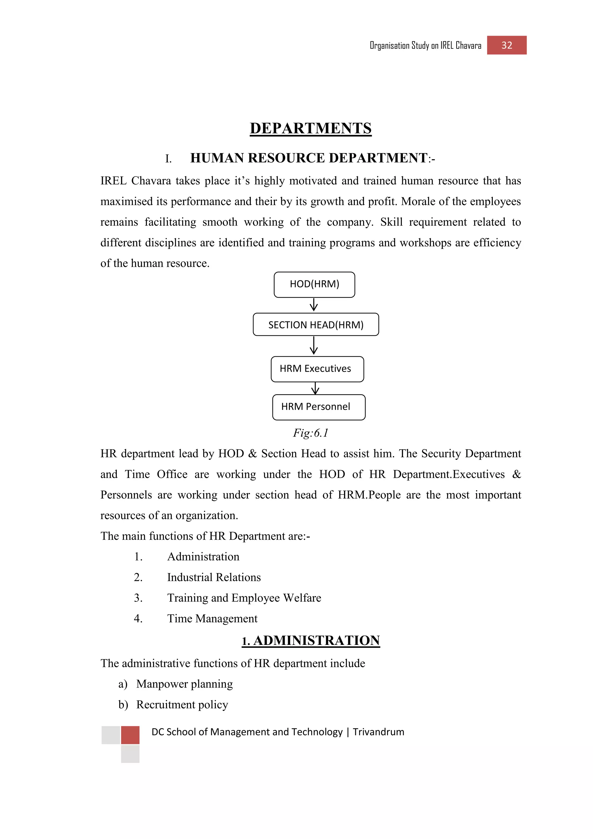 Organisation Study on IREL Chavara 32 
DC School of Management and Technology | Trivandrum 
DEPARTMENTS 
I. HUMAN RESOURCE DEPARTMENT:- 
IREL Chavara takes place it’s highly motivated and trained human resource that has maximised its performance and their by its growth and profit. Morale of the employees remains facilitating smooth working of the company. Skill requirement related to different disciplines are identified and training programs and workshops are efficiency of the human resource. 
Fig:6.1 
HR department lead by HOD & Section Head to assist him. The Security Department and Time Office are working under the HOD of HR Department.Executives & Personnels are working under section head of HRM.People are the most important resources of an organization. 
The main functions of HR Department are:- 
1. Administration 
2. Industrial Relations 
3. Training and Employee Welfare 
4. Time Management 
1. ADMINISTRATION 
The administrative functions of HR department include 
a) Manpower planning 
b) Recruitment policy 
HOD(HRM) 
SECTION HEAD(HRM) 
HRM Executives 
HRM Personnel  