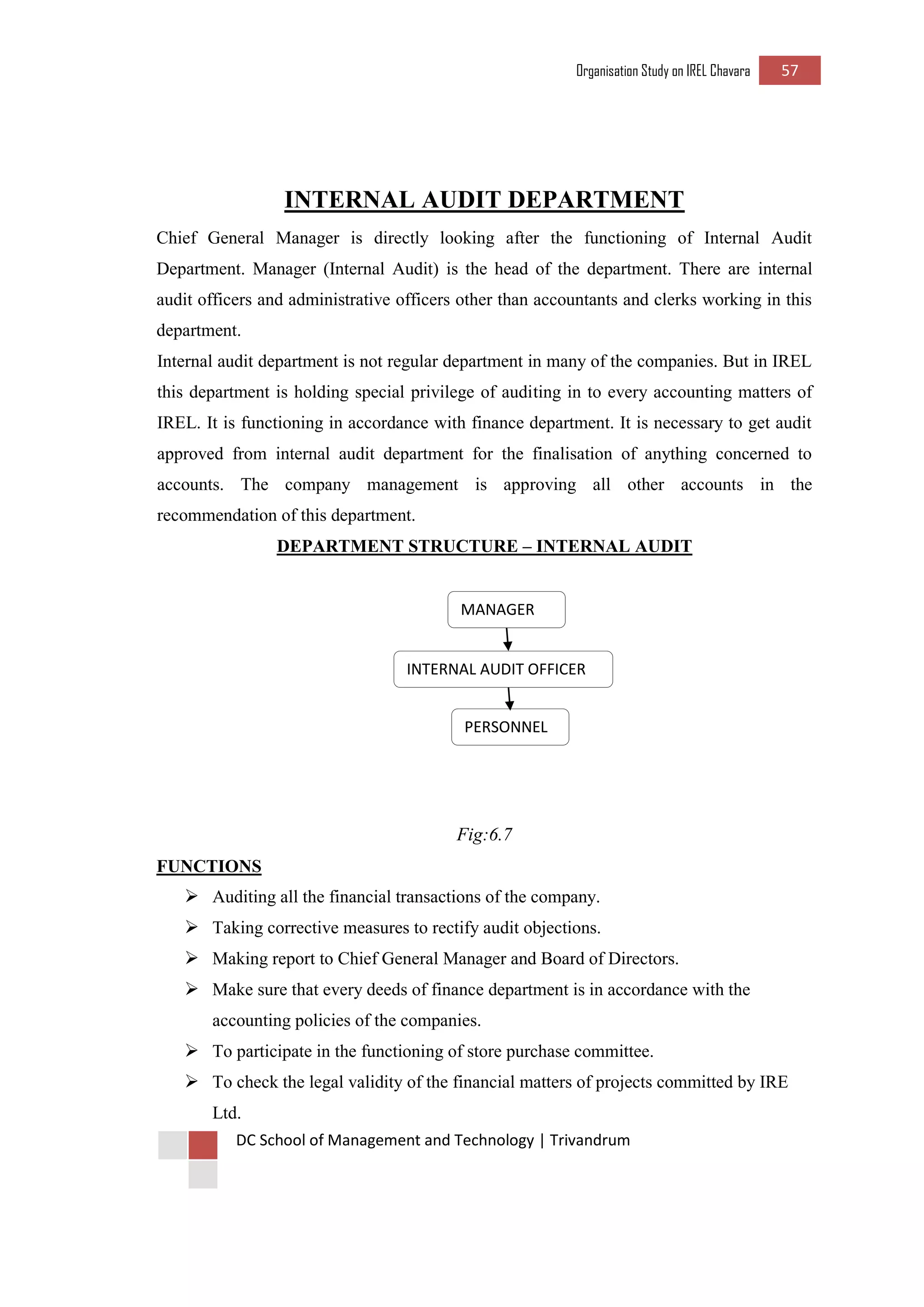 Organisation Study on IREL Chavara 57 
DC School of Management and Technology | Trivandrum 
INTERNAL AUDIT DEPARTMENT 
Chief General Manager is directly looking after the functioning of Internal Audit Department. Manager (Internal Audit) is the head of the department. There are internal audit officers and administrative officers other than accountants and clerks working in this department. 
Internal audit department is not regular department in many of the companies. But in IREL this department is holding special privilege of auditing in to every accounting matters of IREL. It is functioning in accordance with finance department. It is necessary to get audit approved from internal audit department for the finalisation of anything concerned to accounts. The company management is approving all other accounts in the recommendation of this department. 
DEPARTMENT STRUCTURE – INTERNAL AUDIT 
Fig:6.7 
FUNCTIONS 
 Auditing all the financial transactions of the company. 
 Taking corrective measures to rectify audit objections. 
 Making report to Chief General Manager and Board of Directors. 
 Make sure that every deeds of finance department is in accordance with the accounting policies of the companies. 
 To participate in the functioning of store purchase committee. 
 To check the legal validity of the financial matters of projects committed by IRE Ltd. 
MANAGER 
INTERNAL AUDIT OFFICER 
PERSONNEL  
