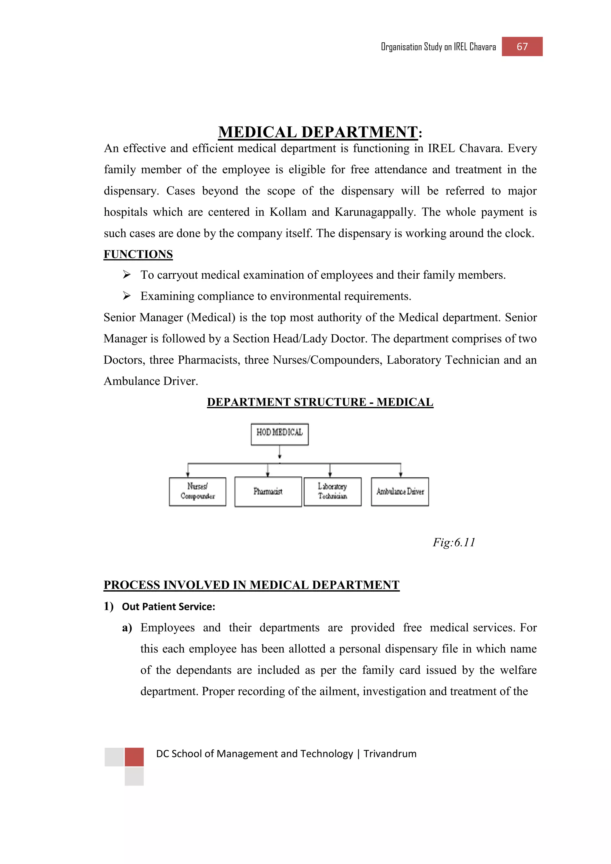 Organisation Study on IREL Chavara 67 
DC School of Management and Technology | Trivandrum 
MEDICAL DEPARTMENT: 
An effective and efficient medical department is functioning in IREL Chavara. Every family member of the employee is eligible for free attendance and treatment in the dispensary. Cases beyond the scope of the dispensary will be referred to major hospitals which are centered in Kollam and Karunagappally. The whole payment is such cases are done by the company itself. The dispensary is working around the clock. 
FUNCTIONS 
 To carryout medical examination of employees and their family members. 
 Examining compliance to environmental requirements. 
Senior Manager (Medical) is the top most authority of the Medical department. Senior Manager is followed by a Section Head/Lady Doctor. The department comprises of two Doctors, three Pharmacists, three Nurses/Compounders, Laboratory Technician and an Ambulance Driver. 
DEPARTMENT STRUCTURE - MEDICAL 
Fig:6.11 
PROCESS INVOLVED IN MEDICAL DEPARTMENT 
1) Out Patient Service: 
a) Employees and their departments are provided free medical services. For this each employee has been allotted a personal dispensary file in which name of the dependants are included as per the family card issued by the welfare department. Proper recording of the ailment, investigation and treatment of the 
 