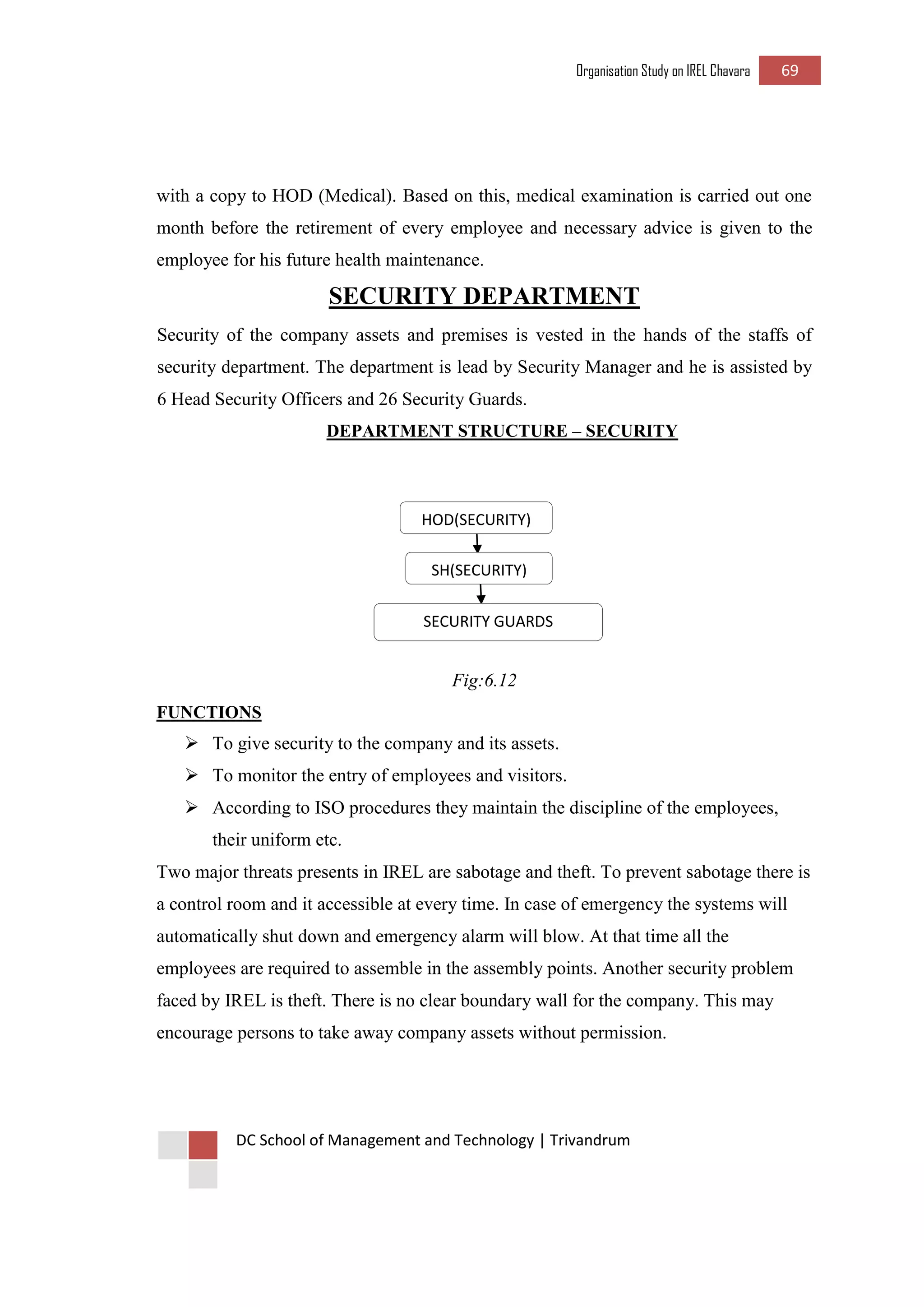 Organisation Study on IREL Chavara 69 
DC School of Management and Technology | Trivandrum 
with a copy to HOD (Medical). Based on this, medical examination is carried out one month before the retirement of every employee and necessary advice is given to the employee for his future health maintenance. 
SECURITY DEPARTMENT 
Security of the company assets and premises is vested in the hands of the staffs of security department. The department is lead by Security Manager and he is assisted by 6 Head Security Officers and 26 Security Guards. 
DEPARTMENT STRUCTURE – SECURITY 
Fig:6.12 
FUNCTIONS 
 To give security to the company and its assets. 
 To monitor the entry of employees and visitors. 
 According to ISO procedures they maintain the discipline of the employees, their uniform etc. 
Two major threats presents in IREL are sabotage and theft. To prevent sabotage there is a control room and it accessible at every time. In case of emergency the systems will automatically shut down and emergency alarm will blow. At that time all the employees are required to assemble in the assembly points. Another security problem faced by IREL is theft. There is no clear boundary wall for the company. This may encourage persons to take away company assets without permission. 
HOD(SECURITY) 
SH(SECURITY) 
SECURITY GUARDS  