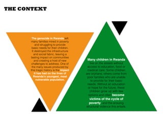 THE CONTEXT
The genocide in Rwanda left
many families mired in poverty
and struggling to provide
basic needs for their children.
It destroyed the infrastructure
and social fabric, leaving a
lasting impact on communities
and creating a host of new
challenges to address. One of
the many issues produced by
this tragic history is the impact
it has had on the lives of
Rwanda’s youngest, most
vulnerable population.
Many children in Rwanda
live on the streets without
access to education, food or
medical care. Some children
are orphans; others come from
poor families who are unable
to provide for their basic
needs. Without an education
or hope for the future, these
children grow up with few
options and often become
victims of the cycle of
poverty, and the ensuing
structural violence this entails.
 