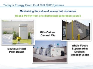 Today’s Energy From Fuel Cell CHP Systems Maximizing the value of scarce fuel resources Whole Foods Supermarket Dedham, Massachusetts Boutique Hotel Palm Desert Heat & Power from one distributed generation source Gills Onions Oxnard, CA 