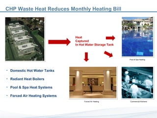 Domestic Hot Water Tanks Radiant Heat Boilers Pool & Spa Heat Systems Forced Air Heating Systems Heat  Captured  In Hot Water Storage Tank CHP Waste Heat Reduces Monthly Heating Bill Commercial Kitchens Forced Air Heating Pool & Spa Heating 