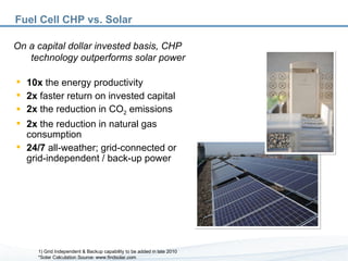 Fuel Cell CHP vs. Solar On a capital dollar invested basis, CHP technology outperforms solar power 10x  the energy productivity 2x  faster return on invested capital 2x  the reduction in CO 2  emissions 2x  the reduction in natural gas consumption 24/7  all-weather; grid-connected or  grid-independent / back-up power 1) Grid Independent & Backup capability to be added in late 2010 *Solar Calculation Source: www.findsolar.com 