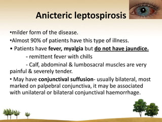 Anicteric leptospirosis
•milder form of the disease.
•Almost 90% of patients have this type of illness.
• Patients have fever, myalgia but do not have jaundice.
         remittent fever with chills
       - Calf, abdominal & lumbosacral muscles are very
painful & severely tender.
• May have conjunctival suffusion- usually bilateral, most
marked on palpebral conjunctiva, it may be associated
with unilateral or bilateral conjunctival haemorrhage.
 