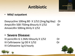 Antibiotic
• Mild/ outpatient

Doxycycline 100mg BD X 1/52 (2mg/kg/day) Or
Ampicillin 500-750mg 6hourly X 1/52      Or
Amoxicillin 500mg 6hrly X 1/52

• Severe Disease:
IV penicillin G 1.5MU 6hourly X 1/52   Or
IV Ceftriaxone 1g OD X 1/52            Or
IV Cefotaxime 1g 6 hourly
 