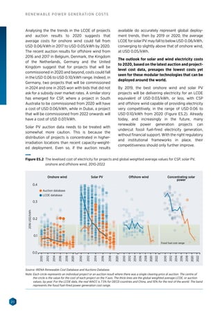 20
RENEWABLE POWER GENERATION COSTS
Analysing the the trends in the LCOE of projects
and auction results to 2020 suggests that
average costs for onshore wind could fall from
USD 0.06/kWh in 2017 to USD 0.05/kWh by 2020.
The recent auction results for offshore wind from
2016 and 2017 in Belgium, Denmark, the Kingdom
of the Netherlands, Germany and the United
Kingdom suggest that for projects that will be
commissioned in 2020 and beyond, costs could fall
in the USD 0.06 to USD 0.10/kWh range. Indeed, in
Germany, two projects that will be commissioned
in 2024 and one in 2025 won with bids that did not
ask for a subsidy over market rates. A similar story
has emerged for CSP, where a project in South
Australia to be commissioned from 2020 will have
a cost of USD 0.06/kWh, while in Dubai, a project
that will be commissioned from 2022 onwards will
have a cost of USD 0.07/kWh.
Solar PV auction data needs to be treated with
somewhat more caution. This is because the
distribution of projects is concentrated in higher-­
irradiation locations than recent capacity-weight-
ed deployment. Even so, if the auction results
available do accurately represent global deploy-
ment trends, then by 2019 or 2020, the average
LCOE for solar PV may fall to below USD 0.06/kWh,
converging to slightly above that of onshore wind,
at USD 0.05/kWh.
The outlook for solar and wind electricity costs
to 2020, based on the latest auction and project-
level cost data, presages the lowest costs yet
seen for these modular technologies that can be
deployed around the world.
By 2019, the best onshore wind and solar PV
projects will be delivering electricity for an LCOE
equivalent of USD 0.03/kWh, or less, with CSP
and offshore wind capable of providing electricity
very competitively, in the range of USD 0.06 to
USD 0.10/kWh from 2020 (Figure ES.2). Already
today, and increasingly in the future, many
renewable power generation projects can
undercut fossil fuel-fired electricity generation,
without financial support. With the right regulatory
and institutional frameworks in place, their
competitiveness should only further improve.
2016USD/kWh
0.3
0.4
0.1
0.2
0.0
Offshore windOnshore wind Solar PV
2010
2012
2014
2016
2108
2020
2022
2020
2018
2016
2014
2012
2010
2020
2018
2016
2014
2012
2010
2010
2012
2014
2016
2018
2020
2022
Concentrating solar
power
Fossil fuel cost range
LCOE database
Auction database
Figure ES.2 The levelised cost of electricity for projects and global weighted average values for CSP, solar PV,
onshore and offshore wind, 2010-2022
Source: IRENA Renewable Cost Database and Auctions Database.
Note: Each circle represents an individual project or an auction result where there was a single clearing price at auction. The centre of
the circle is the value for the cost of each project on the Y axis. The thick lines are the global weighted average LCOE, or auction
values, by year. For the LCOE data, the real WACC is 7.5% for OECD countries and China, and 10% for the rest of the world. The band
represents the fossil fuel-fired power generation cost range.
 