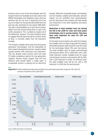 23
2017
Onshore wind
1 000
2 000
3 000
4 000
5 000
6 000
7 000
8 000
9 000
10 000
0
2010
2017
2016USD/kW
Solar photovoltaic Concentrating solar power Offshore wind
4 394
1 388
7 583
5 564
1 843
4 331
4 239
1 477
95th
percentile
5th
percentile
2010
2017
2010
2017
2010
2017
Figure ES.4 Global weighted average total installed costs and project percentile ranges for CSP, solar PV,
onshore and offshore wind, 2010-2017
Source: IRENA Renewable Cost Database.
Onshore wind is one of the technologies with the
longest histories of available cost data. Data in the
IRENA Renewable Cost Database shows that the
learning rate for the cost of electricity from this
source is higher for the period 2010-2020 than the
learning rate estimated for the period 1983-2016.
This will, in all probability, be in part due to a lower
WACC from the auction results than is used in the
LCOE calculations. This is unlikely to explain all of
the difference, however. The data therefore tends
to suggest that the learning rate for onshore wind,
at least, is currently higher than the long-term
average.
The modular, scalable nature solar and wind power
generation technologies, and the replicability of
their project development process, rewards stable
support policies with continuous cost reductions.
This has already made onshore wind and solar
PV highly competitive options for new generation
capacity. Auction results suggest that CSP and
offshore wind should follow a similar path. A
comparable process is playing out for electricity
storage. Wherever renewable power technologies
can be modular, scalable and replicable, decision
makers can be confident that industrialisation
and the opening of new markets will yield steady
cost reductions in the right regulatory and policy
environment.
Reductions in total installed costs are driving
the fall in the LCOE for solar and wind power
technologies, but to varying extents. They have
been most important for solar PV, CSP and
onshore wind.
On the back of price declines for solar PV modules,
the installed costs of utility-scale solar PV projects
fell by 68% between 2010 and 2017, with the LCOE
for the technology falling 73% over that period.
The total installed costs of newly commissioned
CSP projects fell by 27% in 2010-2017, with a 33%
LCOE reduction overall. Installed costs for newly
commissioned onshore wind projects fell by 20%,
with a 22% reduction in LCOE. For offshore wind,
the total installed costs fell by 2%, with a 13%
reduction in LCOE over the same period.
 