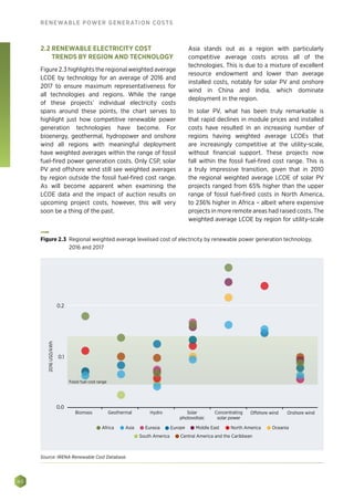 40
RENEWABLE POWER GENERATION COSTS
2.2 RENEWABLE ELECTRICITY COST
TRENDS BY REGION AND TECHNOLOGY
Figure 2.3 highlights the regional weighted average
LCOE by technology for an average of 2016 and
2017 to ensure maximum representativeness for
all technologies and regions. While the range
of these projects’ individual electricity costs
spans around these points, the chart serves to
highlight just how competitive renewable power
generation technologies have become. For
bioenergy, geothermal, hydropower and onshore
wind all regions with meaningful deployment
have weighted averages within the range of fossil
fuel-fired power generation costs. Only CSP, solar
PV and offshore wind still see weighted averages
by region outside the fossil fuel-fired cost range.
As will become apparent when examining the
LCOE data and the impact of auction results on
upcoming project costs, however, this will very
soon be a thing of the past.
Asia stands out as a region with particularly
competitive average costs across all of the
technologies. This is due to a mixture of excellent
resource endowment and lower than average
installed costs, notably for solar PV and onshore
wind in China and India, which dominate
deployment in the region.
In solar PV, what has been truly remarkable is
that rapid declines in module prices and installed
costs have resulted in an increasing number of
regions having weighted average LCOEs that
are increasingly competitive at the utility-scale,
without financial support. These projects now
fall within the fossil fuel-fired cost range. This is
a truly impressive transition, given that in 2010
the regional weighted average LCOE of solar PV
projects ranged from 65% higher than the upper
range of fossil fuel-fired costs in North America,
to 236% higher in Africa – albeit where expensive
projects in more remote areas had raised costs. The
weighted average LCOE by region for utility-scale
2016USD/kWh
Middle EastEurasia EuropeAsia North America OceaniaAfrica
South America Central America and the Caribbean
0.1
0.2
0.0
Biomass Geothermal Hydro Solar
photovoltaic
Offshore wind Onshore windConcentrating
solar power
Fossil fuel cost range
Figure 2.3 Regional weighted average levelised cost of electricity by renewable power generation technology,
2016 and 2017
Source: IRENA Renewable Cost Database.
 