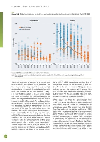 50
RENEWABLE POWER GENERATION COSTS
There are a number of caveats to a comparison
of LCOE results and auction prices, however. The
two metrics are rarely equivalent and cannot
necessarily be compared at an individual project
level. The reasons for this are manifold. Firstly,
it is rare that the auction or tender terms reflect
the same assumptions for the calculation of an
LCOE. The length of remuneration may not match
the economic life of the asset. For instance, in the
IRENA Auction Database, where contract length
was disclosed, around 15% of the onshore wind and
two-thirds of the solar PV projects had terms that
matched the 25-year assumption IRENA uses for
their economic life. Yet this is only a partial view,
as 60% of the onshore wind projects in the Auction
Database did not have their contract length
disclosed with the announcement of the price
(although this falls to 16% for solar PV projects).
Another important issue is that the auction price
may not be indexed to inflation, or may be partially
indexed, meaning the price is not in real terms,
as all IRENA LCOE calculations are. For 39% of
the projects in the Auction Database, it was not
clear from the announcements if the project was
indexed or not. For onshore wind, where data
was available, 80% of projects were fully indexed,
but for solar PV, this dropped to 30%, with 70%
appearing not to be indexed to inflation.
Other issues are that the remuneration may
cover only a fraction of the project’s output and
the balance may be contracted bilaterally at an
undisclosed value. The project may also benefit
from free land under the auction and/or share OM
costs over a number of projects in a development
zone. Another significant differentiator of prices
can be if an existing (or to be built) grid connection
is provided to the developer, or the developer is
required to construct its own. This has a significant
difference on the auction prices seen for offshore
windinDenmarkandtheNetherlands,whererecent
auctions included grid connections, while in the
Onshore wind
2016USD/kWh
0.3
0.4
0.1
0.2
0.0
2010
2011
2012
2013
2014
2015
2016
2017
2018
2019
2020
LCOE database
Auction database
0.3
0.4
0.1
0.2
0.0
2010
2011
2012
2013
2014
2015
2016
2017
2018
2019
Solar PV
Figure 2.12 Global levelised cost of electricity and auction price trends for onshore wind and solar PV, 2010-2020
Source: IRENA Renewable Cost Database and Auctions Database.
Note: Each circle represents an individual project or auction result, while the solid line is the capacity-weighted average from
each database.
 