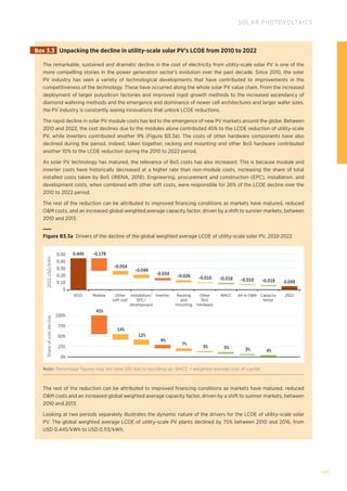 109
SOLAR PHOTOVOLTAICS
The remarkable, sustained and dramatic decline in the cost of electricity from utility-scale solar PV is one of the
more compelling stories in the power generation sector’s evolution over the past decade. Since 2010, the solar
PV industry has seen a variety of technological developments that have contributed to improvements in the
competitiveness of the technology. These have occurred along the whole solar PV value chain. From the increased
deployment of larger polysilicon factories and improved ingot growth methods to the increased ascendancy of
diamond wafering methods and the emergence and dominance of newer cell architectures and larger wafer sizes,
the PV industry is constantly seeing innovations that unlock LCOE reductions.
The rapid decline in solar PV module costs has led to the emergence of new PV markets around the globe. Between
2010 and 2022, the cost declines due to the modules alone contributed 45% to the LCOE reduction of utility-scale
PV, while inverters contributed another 9% (Figure B3.3a). The costs of other hardware components have also
declined during the period. Indeed, taken together, racking and mounting and other BoS hardware contributed
another 10% to the LCOE reduction during the 2010 to 2022 period.
As solar PV technology has matured, the relevance of BoS costs has also increased. This is because module and
inverter costs have historically decreased at a higher rate than non-module costs, increasing the share of total
installed costs taken by BoS (IRENA, 2018). Engineering, procurement and construction (EPC), installation, and
development costs, when combined with other soft costs, were responsible for 26% of the LCOE decline over the
2010 to 2022 period.
The rest of the reduction can be attributed to improved financing conditions as markets have matured, reduced
OM costs, and an increased global weighted average capacity factor, driven by a shift to sunnier markets, between
2010 and 2013.
The rest of the reduction can be attributed to improved financing conditions as markets have matured, reduced
OM costs and an increased global weighted average capacity factor, driven by a shift to sunnier markets, between
2010 and 2013.
Looking at two periods separately illustrates the dynamic nature of the drivers for the LCOE of utility-scale solar
PV. The global weighted average LCOE of utility-scale PV plants declined by 75% between 2010 and 2016, from
USD 0.445/kWh to USD 0.113/kWh.
Box 3.3 Unpacking the decline in utility-scale solar PV's LCOE from 2010 to 2022
2022
USD/kWh
0.30
0.20
0.10
0
0.445 -0.178
-0.054
-0.048
-0.034
-0.026 -0.010 -0.010
-0.018 -0.018 0.049
12%
45%
14%
9%
7%
3% 5% 3% 4%
2010 Module Other
soft cost
Installation/
EPC/
development
Inverter Racking
and
mounting
Other
BoS
hardware
WACC All-in OM Capacity
factor
2022
0.50
0.40
Share
of
cost
decline
100%
75%
50%
25%
0%
Figure B3.3a 
Drivers of the decline of the global weighted average LCOE of utility-scale solar PV, 2010-2022
Note: Percentage figures may not total 100 due to rounding up. WACC = weighted average cost of capital.
 