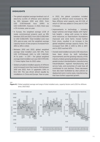 115
HIGHLIGHTS
• The global weighted average levelised cost of
electricity (LCOE) of offshore wind declined
by 59% between 2010 and 2022, from
USD 0.197/kilowatt hour (kWh) to
USD 0.081/kWh. However, in 2022, there was
a 2% increase, year-on-year.
• In Europe, the weighted average LCOE of
newly commissioned projects went up 18%
between 2021 and 2022, from USD 0.056/kWh
to USD 0.066/kWh. Total installed costs rose
32% year-on-year, and the weighted average
capacity factor of new projects increased from
48% to 49% in 2022.
• Between 2010 and 2022, global weighted
average total installed costs fell 34%, from
USD 5 217/kilowatt (kW) to USD 3 461/kW.
At its peak – in 2011 – the global weighted
average total installed cost was USD 5 975/kW,
1.7 times higher than its 2022 value.
• Global cumulative installed capacity of offshore
wind increased more than twenty-fold between
2010 and 2022, from 3.1 gigawatts (GW) to
63.2 GW. This was driven almost equally by
installations in China and Europe. Year-on-year,
in 2022, the global cumulative installed
capacity of offshore wind increased by 16%.
New offshore wind capacity was 8.9 GW, of
which 4.1 GW was added in China and 4.3 GW
in Europe.
• Improvements in technology – including
larger turbines and longer blades with higher
hub heights – along with access to better
wind resources as fixed-bottom foundations
improved and wind farms moved further
from shore, resulted in an increase in the
global weighted average capacity factor. This
increased from 38% in 2010 to 45% in 2017,
and in 2022 reached 42%.
• Overall, total installed cost and LCOE reductions
have been driven by both technology
improvements and the growing maturity of the
industry.Indeed,growingdeveloperexperience,
greater product standardisation, manufacturing
industrialisation, regional manufacturing and
service hubs, and economies of scale have all
contributed to cost declines. These decreases
have also been facilitated by clear policies on
deployment and, in some cases, manufacturing,
that have further supported growth.
2010
2011
2013
2014
2015
2016
2017
2018
2021
2022
2020
2019
2012
2010
2011
2013
2014
2015
2016
2017
2018
2021
2022
2020
2019
2012
2010
2011
2013
2014
2015
2016
2017
2018
2021
2022
2020
2019
2012
Total installed cost Capacity factor Levelised cost of electricity
9 000
8 000
5 000
6 000
7 000
4 000
3 000
2 000
1 000
0%
20%
60%
40%
Capacity
factor
0.00
0
0.05
0.15
0.30
0.25
0.10
0.20
2022
USD/kWh
2022
USD/kW
4 647
4 114
3 483
3 052
3 461
5 217
5 975
5 589
5 884 5 902
5 288
38% 38%
40%
45%
42%
35%
40%
45%
43%
43%
39% 39%
42% 0.206
0.149
0.182
0.148
0.123 0.112
0.106
0.197
0.175
0.091
0.088
0.081
0.079
5 249
5 134
Figure 4.1 
Global weighted average and range of total installed costs, capacity factors and LCOE for offshore
wind, 2010-2022
 