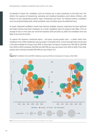 126
RENEWABLE POWER GENERATION COSTS IN 2022
As detailed in Figure 4.6, installation costs for turbines are a major contributor to the total cost. This
reflects the expense of transporting, operating and installing foundations and turbines offshore, with
distance to port representing another major contributing cost factor. For floating turbines, installation
costs are proportionately lower, while foundation costs are higher given the additional mass.
As larger, dedicated installation vessels have become available, however, experience has been gathered
and larger turbines have been employed. As a result, installation times for projects have fallen. From an
average of two or more years per wind farm between 2010 and 2015, by 2020, the installation time had
fallen to less than 18 months.
To capture the dynamics mentioned above – and given varying project sizes – a better metric than
installation time is MW installed per year by project. In the latter terms, a much stronger trend can be seen
in the data available for Europe since 2018. In these data, the figures increase from 100 MW to 200 MW
from 2010 to 2015 to between 200 MW and 300 MW per year per project from 2015 to 2020. From 2016,
projects also routinely exceeded 300 MW per year (Figure 4.7).
Capacity (MW) 200 400 600 800 ≥ 1 000
30
Germany
Denmark
Belgium United Kingdom
2010 2012 2014 2016 2018 2020 2010 2012 2014 2016 2018 2020
Construction
duration
(years)
3
2
1
0
4
MW
installed
per
year
300
200
100
0
400
Figure 4.7 Installation time and MW installed per year by offshore wind project in Europe, 2010-2020
Note: Duration data represents the time from first foundation to last turbine.
 