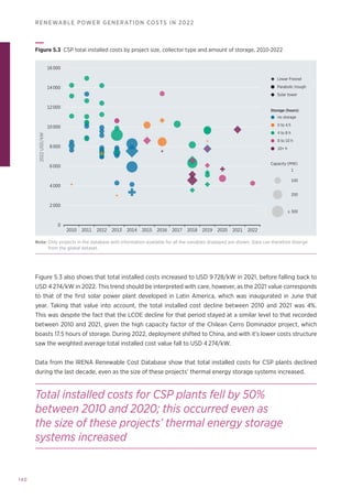 140
RENEWABLE POWER GENERATION COSTS IN 2022
4 to 8 h
10+ h
8 to 10 h
no storage
Storage (hours)
0 to 4 h
Capacity (MW)
1
100
200
≥ 300
Solar tower
Linear Fresnel
Parabolic trough
2010 2011 2012 2013 2014 2015 2016 2017 2018 2022
2021
2020
2019
16 000
14 000
12 000
10 000
8 000
6 000
4 000
2 000
0
2022
USD/kW
Figure 5.3 CSP total installed costs by project size, collector type and amount of storage, 2010-2022
Note: 
Only projects in the database with information available for all the variables displayed are shown. Data can therefore diverge
from the global dataset.
Figure 5.3 also shows that total installed costs increased to USD 9 728/kW in 2021, before falling back to
USD 4 274/kW in 2022. This trend should be interpreted with care, however, as the 2021 value corresponds
to that of the first solar power plant developed in Latin America, which was inaugurated in June that
year. Taking that value into account, the total installed cost decline between 2010 and 2021 was 4%.
This was despite the fact that the LCOE decline for that period stayed at a similar level to that recorded
between 2010 and 2021, given the high capacity factor of the Chilean Cerro Dominador project, which
boasts 17.5 hours of storage. During 2022, deployment shifted to China, and with it's lower costs structure
saw the weighted average total installed cost value fall to USD 4 274/kW.
Data from the IRENA Renewable Cost Database show that total installed costs for CSP plants declined
during the last decade, even as the size of these projects’ thermal energy storage systems increased.
Total installed costs for CSP plants fell by 50%
between 2010 and 2020; this occurred even as
the size of these projects’ thermal energy storage
systems increased
 