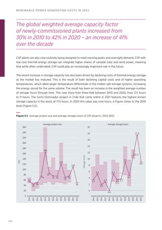 144
RENEWABLE POWER GENERATION COSTS IN 2022
CSP plants are also now routinely being designed to meet evening peaks and overnight demand. CSP with
low-cost thermal energy storage can integrate higher shares of variable solar and wind power, meaning
that while often underrated, CSP could play an increasingly important role in the future.
The recent increase in storage capacity has also been driven by declining costs of thermal energy storage
as the market has matured. This is the result of both declining capital costs and of higher operating
temperatures, which allow larger temperature differentials in the molten salt storage systems, increasing
the energy stored for the same volume. The result has been an increase in the weighted average number
of storage hours through time. This rose more than three-fold between 2010 and 2020, from 3.5 hours
to 11 hours. The Cerro Dominador project in Chile that came online in 2021 features the highest known
storage capacity in the word, at 17.5 hours. In 2022 this value was nine hours, a Figure closer to the 2019
level (Figure 5.5).
2010
2011
2012
2013
2014
2015
2016
2017
2022
2021
2020
2019
2018
2010
2011
2012
2013
2014
2015
2016
2017
2022
2021
2020
2019
2018
Average project size Average storage hours
20
40
60
80
100
120
140
160
180
200
220
240
260
0
MW
2
4
6
8
10
12
14
16
18
20
0
Storage
hours
54
45
50
75
166
87
76 75
121
70 75
50
110
3.5
2.0
2.7
5.2
0.0
5.2
3.4 3.7
9.1
4.7
11.0
17.5
9.0
Figure 5.5 
Average project size and average storage hours of CSP projects, 2010-2022
The global weighted average capacity factor
of newly-commissioned plants increased from
30% in 2010 to 42% in 2020 – an increase of 41%
over the decade
 
