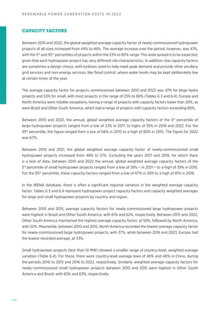 160
RENEWABLE POWER GENERATION COSTS IN 2022
CAPACITY FACTORS
Between 2010 and 2022, the global weighted average capacity factor of newly commissioned hydropower
projects of all sizes increased from 44% to 46%. The average increase over the period, however, was 47%,
with the 5th
and 95th
percentiles of projects within the 23% to 80% range. This wide spread is to be expected,
given that each hydropower project has very different site characteristics. In addition, low capacity factors
are sometimes a design choice, with turbines sized to help meet peak demand and provide other ancillary
grid services and non-energy services, like flood control, where water levels may be kept deliberately low
at certain times of the year.
The average capacity factor for projects commissioned between 2010 and 2022 was 47% for large hydro
projects and 53% for small, with most projects in the range of 25% to 80% (Tables 6.3 and 6.4). Europe and
North America were notable exceptions, having a range of projects with capacity factors lower than 20%, as
were Brazil and Other South America, which had a range of projects with capacity factors exceeding 80%.
Between 2010 and 2022, the annual, global weighted average capacity factors of the 5th
percentile of
large hydropower projects ranged from a low of 23% in 2017, to highs of 35% in 2019 and 2022. For the
95th
percentile, the figure ranged from a low of 66% in 2010 to a high of 80% in 2015. The figure for 2022
was 67%.
Between 2010 and 2021, the global weighted average capacity factor of newly-commissioned small
hydropower projects increased from 48% to 57%. Excluding the years 2017 and 2018, for which there
is a lack of data, between 2010 and 2022 the annual, global weighted average capacity factors of the
5th
percentile of small hydropower projects ranged from a low of 28% – in 2021 – to a high of 39% in 2016.
For the 95th
percentile, these capacity factors ranged from a low of 67% in 2011 to a high of 81% in 2016.
In the IRENA database, there is often a significant regional variation in the weighted average capacity
factor. Tables 6.3 and 6.4 represent hydropower project capacity factors and capacity weighted averages
for large and small hydropower projects by country and region.
Between 2010 and 2015, average capacity factors for newly-commissioned large hydropower projects
were highest in Brazil and Other South America, with 61% and 62%, respectively. Between 2015 and 2022,
Other South America maintained the highest average capacity factor, at 59%, followed by North America,
with 55%. Meanwhile, between 2010 and 2015, North America recorded the lowest average capacity factor
for newly-commissioned large hydropower projects, with 37%, while between 2016 and 2023, Europe had
the lowest recorded average, at 33%.
Small hydropower projects (less than 10 MW) showed a smaller range of country-level, weighted average
variation (Table 6.4). For these, there were country-level average lows of 46% and 40% in China, during
the periods 2010 to 2015 and 2016 to 2022, respectively. Similarly, weighted average capacity factors for
newly-commissioned small hydropower projects between 2010 and 2015 were highest in Other South
America and Brazil, with 65% and 63%, respectively.
 