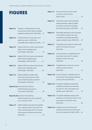 8
RENEWABLE POWER GENERATION COSTS IN 2022
FIGURES
Figure S.1 Change in competitiveness of solar
and wind by country based on global
weighted average LCOE, 2010-2022. . . 17
Figure S.2 Global fossil fuel cost savings in the
electricity sector in 2022 from
renewable power added since 2000. . . 18
Figure S.3 Global LCOE from newly commissioned,
utility-scale renewable power
technologies, 2021-2022. . . . . . . . . . . . . 19
Figure S.4 Global LCOE from newly commissioned
utility-scale renewable power
technologies, 2010 and 2022 . . . . . . . 22
Figure 1.1 Global LCOE from newly commissioned
utility-scale renewable power
technologies, 2021-2022 . . . . . . . . . . . 32
Figure 1.2 Global weighted average LCOE
from newly commissioned, utility-
scale renewable power generation
technologies, 2010-2022. . . . . . . . . . . . . 36
Figure B1.2a Fossil fuel-fired LCOE by
fuel/technology and year for
20 countries, 2010-2022 . . . . . . . . . . . . . 38
Figure B1.2bFossil fuel-fired LCOE by
fuel/technology and cost component
for 12 countries, 2010 . . . . . . . . . . . . . . . 39
Figure 1.3 Global weighted average total installed
costs, capacity factors and LCOE from
newly commissioned solar PV, onshore
wind power and offshore wind power,
2010-2022. . . . . . . . . . . . . . . . . . . . . . . . . . 42
Figure 1.4 Fossil gas and coal price marker
or import cost by country,
2004 to 2022. . . . . . . . . . . . . . . . . . . . . . . 44
Figure 1.5 Annual new utility-scale renewable
power generation capacity added
at a lower cost than the cheapest
fossil fuel-fired option, 2010-2022. . . . . 45
Figure 1.6 Renewable generation and net savings
in non-OECD countries from new
competitive renewable generation
capacity added by year, 2010-2022 . . . 47
Figure 1.7 Competitiveness trends for utility-scale
solar PV by country and yea r,
2010-2022. . . . . . . . . . . . . . . . . . . . . . . . . . 50
Figure 1.8 Annual change in competitiveness of
new utility-scale solar PV capacity
added by country and year,
2010-2022. . . . . . . . . . . . . . . . . . . . . . . . . . 52
Figure 1.9 Competitiveness trends for onshore
wind by country and year,
2010-2022. . . . . . . . . . . . . . . . . . . . . . . . . . 54
Figure 1.10 Annual change in competitiveness of
new onshore wind capacity added by
country and year,2010-2022. . . . . . . . . . 55
Figure 1.11 The global weighted average total
installed cost learning curve trends
for solar PV, CSP, and onshore and
offshore wind, 2010-2022. . . . . . . . . . . . 57
Figure 1.12 The global weighted average LCOE
learning curve trends for solar PV, CSP,
and onshore and offshore wind,
2010-2022. . . . . . . . . . . . . . . . . . . . . . . . . . 58
Figure 1.13 Largest two-year fossil fuel price
increases during the first and second
oil shock compared to 2020 to 2022. . . 61
 