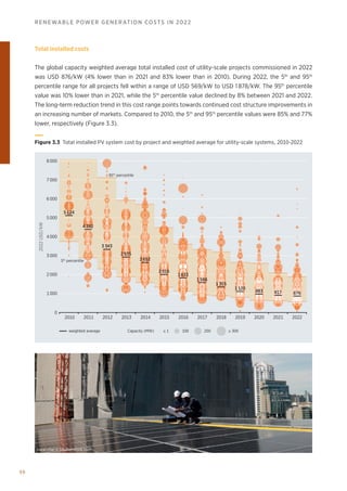 96
RENEWABLE POWER GENERATION COSTS IN 2022
Total installed costs
The global capacity weighted average total installed cost of utility-scale projects commissioned in 2022
was USD 876/kW (4% lower than in 2021 and 83% lower than in 2010). During 2022, the 5th
and 95th
percentile range for all projects fell within a range of USD 569/kW to USD 1 878/kW. The 95th
percentile
value was 10% lower than in 2021, while the 5th
percentile value declined by 8% between 2021 and 2022.
The long-term reduction trend in this cost range points towards continued cost structure improvements in
an increasing number of markets. Compared to 2010, the 5th
and 95th
percentile values were 85% and 77%
lower, respectively (Figure 3.3).
Capacity (MW) ≤ 1 100 200 ≥ 300
2022
USD/kW
2 000
1 000
0
5 124
4 392
3 343
2 935
2 652
2 016
1 833
1 586
1 355
1 120
983 917 876
2010 2011 2012 2013 2014 2015 2016 2017 2018 2022
2021
2020
2019
3 000
6 000
5 000
7 000
8 000
4 000
95th
percentile
5th
percentile
weighted average
Figure 3.3 Total installed PV system cost by project and weighted average for utility-scale systems, 2010-2022
narai chal © Shutterstock.com
 