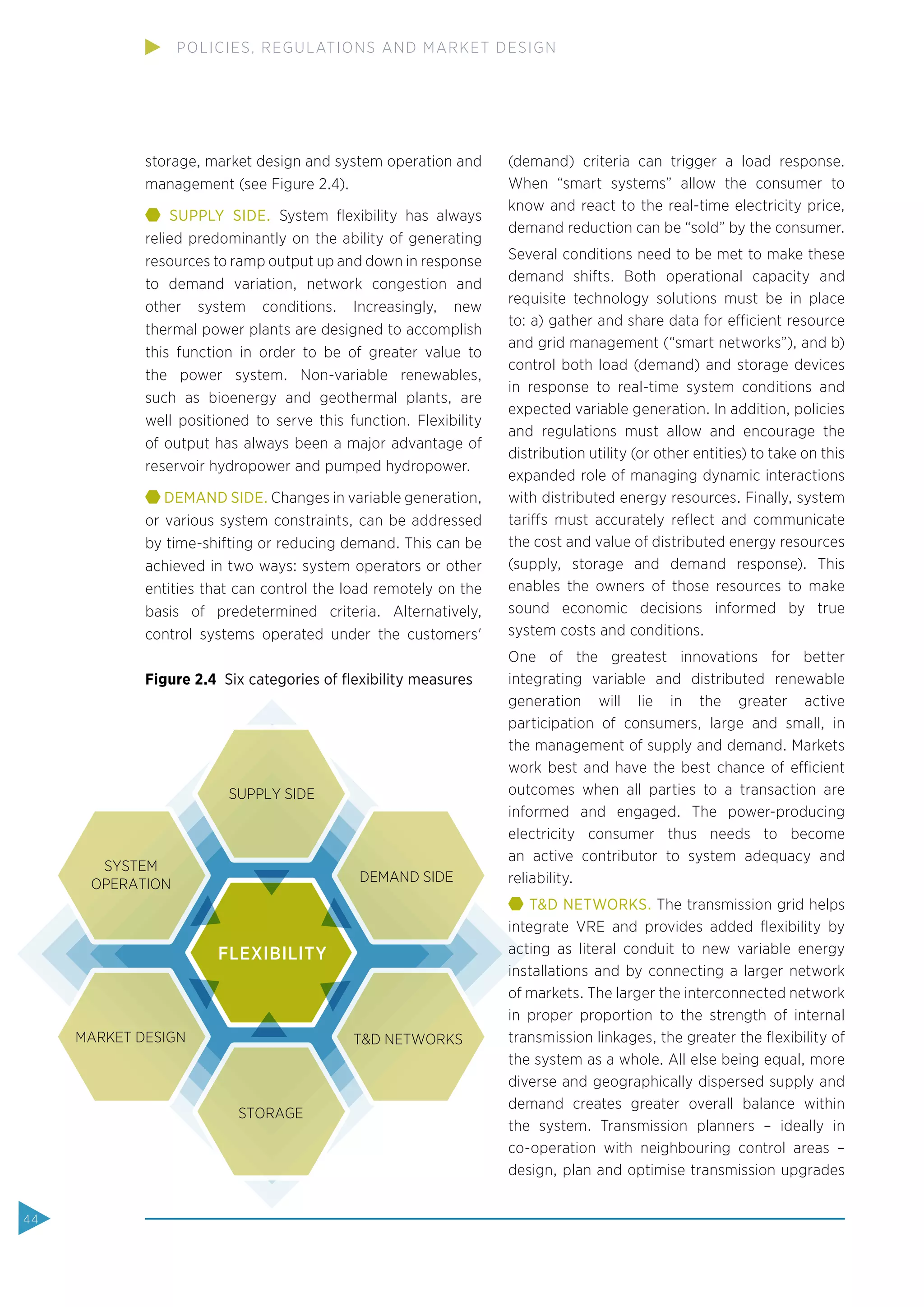 storage, market design and system operation and
management (see Figure 2.4).
SUPPLY SIDE. System ﬂexibility has always
relied predominantly on the ability of generating
resources to ramp output up and down in response
to demand variation, network congestion and
other system conditions. Increasingly, new
thermal power plants are designed to accomplish
this function in order to be of greater value to
the power system. Non-variable renewables,
such as bioenergy and geothermal plants, are
well positioned to serve this function. Flexibility
of output has always been a major advantage of
reservoir hydropower and pumped hydropower.
DEMAND SIDE. Changes in variable generation,
or various system constraints, can be addressed
by time-shifting or reducing demand. This can be
achieved in two ways: system operators or other
entities that can control the load remotely on the
basis of predetermined criteria. Alternatively,
control systems operated under the customers'
(demand) criteria can trigger a load response.
When “smart systems” allow the consumer to
know and react to the real-time electricity price,
demand reduction can be “sold” by the consumer.
Several conditions need to be met to make these
demand shifts. Both operational capacity and
requisite technology solutions must be in place
to: a) gather and share data for efficient resource
and grid management (“smart networks”), and b)
control both load (demand) and storage devices
in response to real-time system conditions and
expected variable generation. In addition, policies
and regulations must allow and encourage the
distribution utility (or other entities) to take on this
expanded role of managing dynamic interactions
with distributed energy resources. Finally, system
tariffs must accurately reﬂect and communicate
the cost and value of distributed energy resources
(supply, storage and demand response). This
enables the owners of those resources to make
sound economic decisions informed by true
system costs and conditions.
One of the greatest innovations for better
integrating variable and distributed renewable
generation will lie in the greater active
participation of consumers, large and small, in
the management of supply and demand. Markets
work best and have the best chance of efficient
outcomes when all parties to a transaction are
informed and engaged. The power-producing
electricity consumer thus needs to become
an active contributor to system adequacy and
reliability.
T&D NETWORKS. The transmission grid helps
integrate VRE and provides added ﬂexibility by
acting as literal conduit to new variable energy
installations and by connecting a larger network
of markets. The larger the interconnected network
in proper proportion to the strength of internal
transmission linkages, the greater the ﬂexibility of
the system as a whole. All else being equal, more
diverse and geographically dispersed supply and
demand creates greater overall balance within
the system. Transmission planners – ideally in
co-operation with neighbouring control areas –
design, plan and optimise transmission upgrades
Figure 2.4 Six categories of ﬂexibility measures
acting as literal conduit to new variable energy
installations and by connecting a larger network
FLEXIBILITY
SUPPLY SIDE
DEMAND SIDE
SYSTEM
OPERATION
T&D NETWORKS
STORAGE
MARKET DESIGN
44
POLICIES, REGULATIONS AND MARKET DESIGN
 