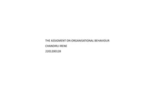 THE ASSIGMENT ON ORGANISATIONAL BEHAVIOUR
CHANDIRU IRENE
2201200128
 