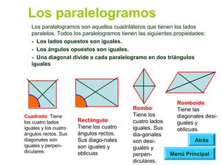 Los paralelogramos
   Los paralelogramos son aquellos cuadriláteros que tienen los lados
   paralelos. Todos los paralelogramos tienen las siguientes propiedades:
   - Los lados opuestos son iguales.
   - Los ángulos opuestos son iguales.
   - Una diagonal divide a cada paralelogramo en dos triángulos
   iguales




                                                             Romboide:
                                           Rombo:            Tiene las
Cuadrado: Tiene                            Tiene los         diagonales desi-
los cuatro lados       Rectángulo:         cuatro lados      guales y
iguales y los cuatro   Tiene los cuatro    iguales. Sus      oblicuas.
ángulos rectos. Sus    ángulos rectos.     dia-gonales
diagonales son         Sus diago-nales     son desi-                Atrás
iguales y perpen-      son iguales y       guales y
diculares.             oblicuas            perpen-        Menú Principal
                                           diculares.
 