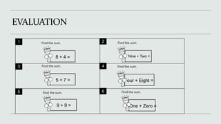 EVALUATION
Find the sum.
8 + 4 =
1 2
3 4
5 6
Find the sum.
Nine + Two =
Find the sum.
Four + Eight =
Find the sum.
5 + 7 =
Find the sum.
9 + 9 =
Find the sum.
One + Zero =
 