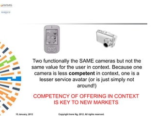 Two functionally the SAME cameras but not the
              same value for the user in context. Because one
               camera is less competent in context, one is a
                 lesser service avatar (or is just simply not
                                  around!)

                   COMPETENCY OF OFFERING IN CONTEXT
                        IS KEY TO NEW MARKETS

15 January, 2013          Copyright Irene Ng, 2012. All rights reserved.
 