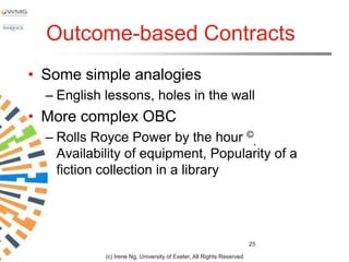 Outcome-based Contracts
• Some simple analogies
  – English lessons, holes in the wall
• More complex OBC
  – Rolls Royce Power by the hour ©,
    Availability of equipment, Popularity of a
    fiction collection in a library




                                                                      25

            (c) Irene Ng, University of Exeter, All Rights Reserved
 