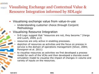Visualising Exchange and Contextual Value &
Resource Integration informed by SDLogic

• Visualising exchange value from value-in-use
      – Understanding customer choice through Conjoint
        Methodology
• Visualising Resource Integration
      – S-D Logic suggest that ”resources are not, they become.” (Vargo
        and Lusch, 2004, p.2)
      – resources are only active in enabling processes.
      – depiction of resources as activities and the focus on process in
        service is the domain of operations management (Silver, 2004;
        Ponsignon et al. 2011)
      – to visualise resources as activities we first developed a process
        model for each of the VCAs and then developed a discrete event
        simulation model to visualise the impact of changes in volume and
        variety of inputs on the resources.




14/01/2013                           WMG                                    29
 