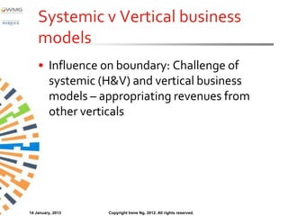 Systemic v Vertical business
    models
    • Influence on boundary: Challenge of
      systemic (H&V) and vertical business
      models – appropriating revenues from
      other verticals




14 January, 2013   Copyright Irene Ng, 2012. All rights reserved.
 