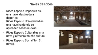  Ribes Espacio Deportivo es
una nave destinada a
deportes.
 Ribes Espacio Universidad es
una nave ha donde se
aprenden cosas nuevas.
 Ribes Espacio Cultural es una
nave y ofrecerá mucha cultura
 Ribes Espacio Social Son 3
naves
Naves de Ribes
 