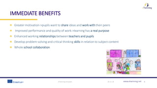 www.etwinning.net
IMMEDIATE BENEFITS
Greater motivation->pupils want to share ideas and work with their peers
Improved performance and quality of work->learning has a real purpose
Enhanced working relationships between teachers and pupils
Develop problem-solving and critical thinking skills in relation to subject content
Whole school collaboration
30-11-18eTwinning template 8
 