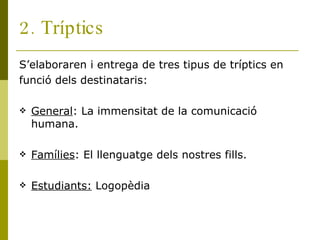 2. Tríptics S’elaboraren i entrega de tres tipus de tríptics en funció dels destinataris: General : La immensitat de la comunicació humana. Famílies : El llenguatge dels nostres fills. Estudiants:  Logopèdia 