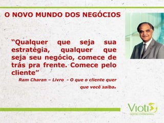 “Qualquer que seja sua
estratégia, qualquer que
seja seu negócio, comece de
trás pra frente. Comece pelo
cliente”
Ram Charan – Livro - O que o cliente quer
que você saiba.
O NOVO MUNDO DOS NEGÓCIOS
 