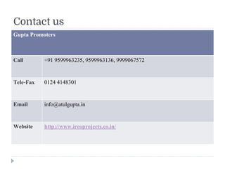 Contact us
Gupta Promoters
Call +91 9599963235, 9599963136, 9999067572
Tele-Fax 0124 4148301
Email info@atulgupta.in
Website http://www.ireoprojects.co.in/
 