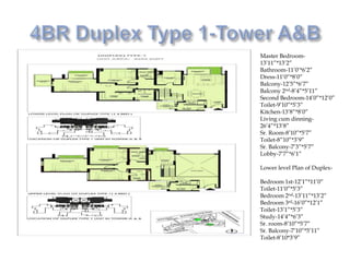 Master Bedroom-
13’11”*13’2”
Bathroom-11’0’*6’2”
Dress-11’0”*8’0”
Balcony-12’5”*6’7”
Balcony 2nd-8’4”*5’11”
Second Bedroom-14’0”*12’0”
Toilet-9’10”*5’3”
Kitchen-13’8”*8’0”
Living cum dinning-
26’4”*13’8”
Sr. Room-8’10”*5’7”
Toilet-8”10”*3’9”
Sr. Balcony-7’3”*5’7”
Lobby-7’7”*6’1”
Lower level Plan of Duplex-
Bedroom 1st-12’1”*11’0”
Toilet-11’0”*5’3”
Bedroom 2nd-13’11”*13’2”
Bedroom 3rd-16’0”*12’1”
Toilet-13’1”*5’3”
Study-14’4”*6’3”
Sr. room-8’10”*5’7”
Sr. Balcony-7’10”*5’11”
Toilet-8’10*3’9”
 