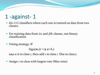 Advantages of SVM
 High dimensional input space
 Few irrelevant features (dense concept)
 Sparse document vectors (sparse instances)
 Text categorization problems are linearly separable
 For linearly inseparable data we can use kernels to map
data into high dimensional space, so that it becomes
linearly separable with hyperplane.
 
