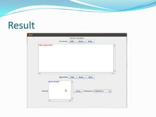 Accuracy Results ( 10 folds)
Accuracy of Algorithm in %
Categories Algo. SVM Naïve Rule
Business 86.6 81.44 98.30
Education 85.71 76.07 81.8
Entertainment 86.8 79.1 87.49
Health 95.67 84.62 90.93
Law 81.17 73.38 75.25
Lifestyle 93.27 89.71 82.42
Nature 87.0 78.64 84.24
Places 81.01 75.35 80.73
Politics 81.91 81.88 76.31
Sports 87.11 83.57 81.87
Technology 83.64 82.44 77.05
 