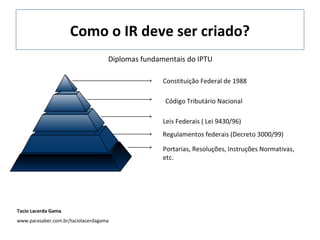Como o IR deve ser criado?
Diplomas fundamentais do IPTU
Constituição Federal de 1988
Regulamentos federais (Decreto 3000/99)
Leis Federais ( Lei 9430/96)
Código Tributário Nacional
Portarias, Resoluções, Instruções Normativas,
etc.
Tacio Lacerda Gama
www.parasaber.com.br/taciolacerdagama
 
